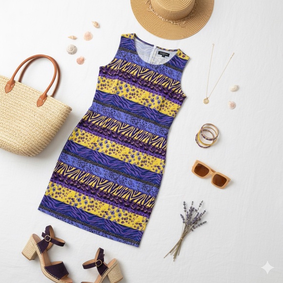 Vintage Sag Harbor Woman 18W Dress Purple Yellow Mixed Animal Print Shift - Picture 2 of 4